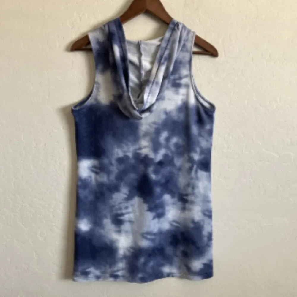 Womens Medium Beach Pool Cover Up Blue Tie Dye Hoodie Hooded Pullover - Picture 4 of 12